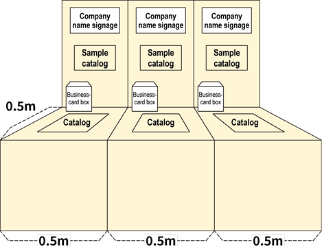 Diagram of catalog exhibition space including company name signage and business-card box